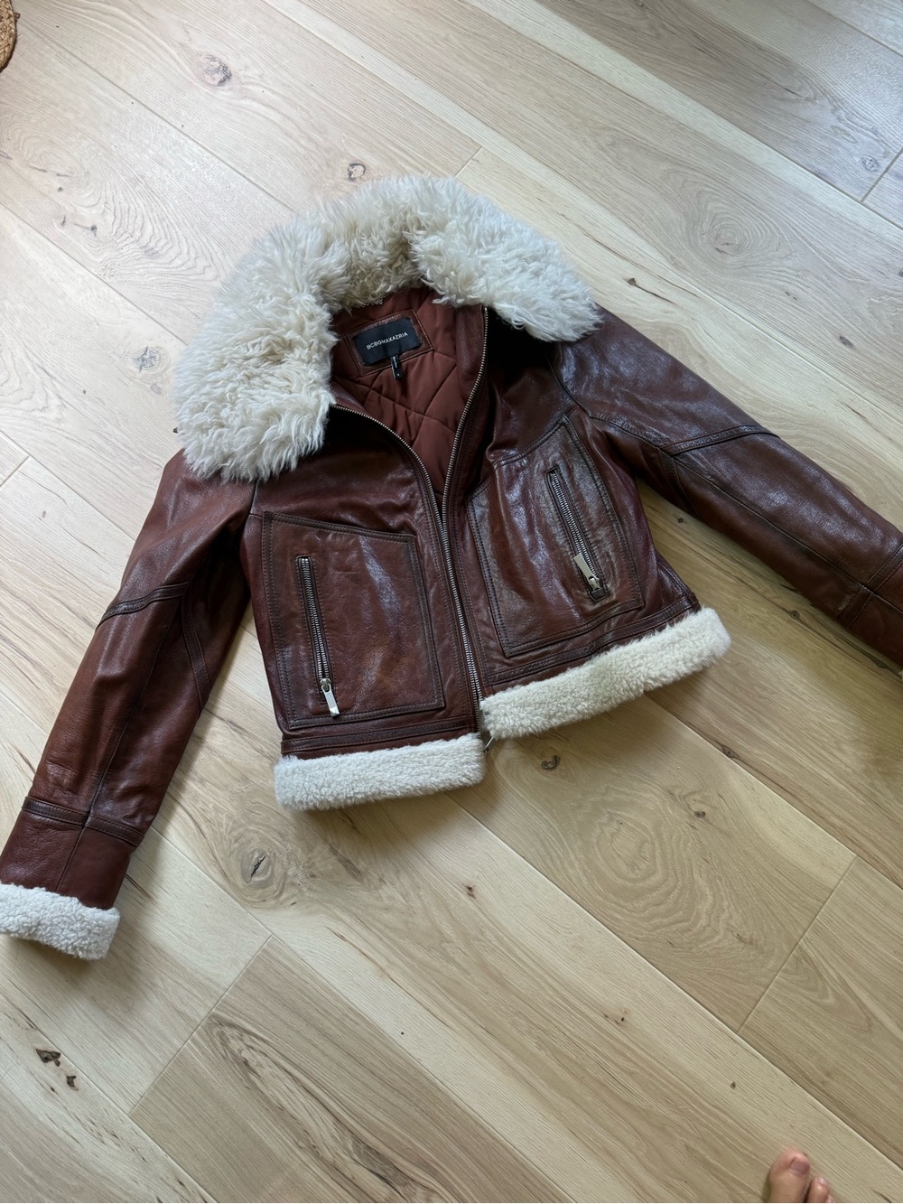 BCBGMaxazria Brown Leather Sherpa-Trim Jacket